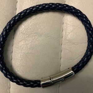 Blue Braided Leather Bracelet - Magnetic Silvertone Closure